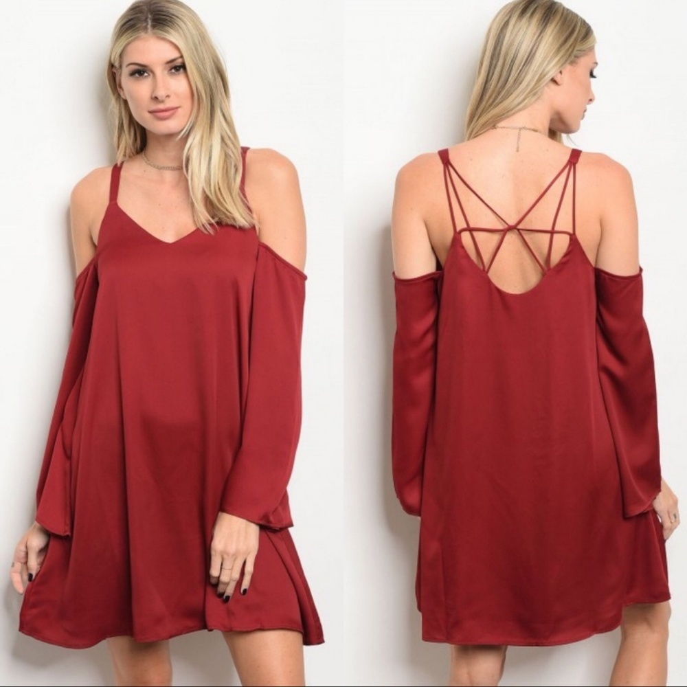 Wine Open Shoulder Skater Dress